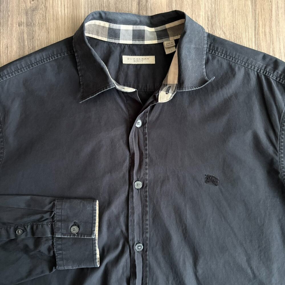 Burberry Brit Button Up Shirt Men's Size XL Black Cotton Nova Check Embroidered
